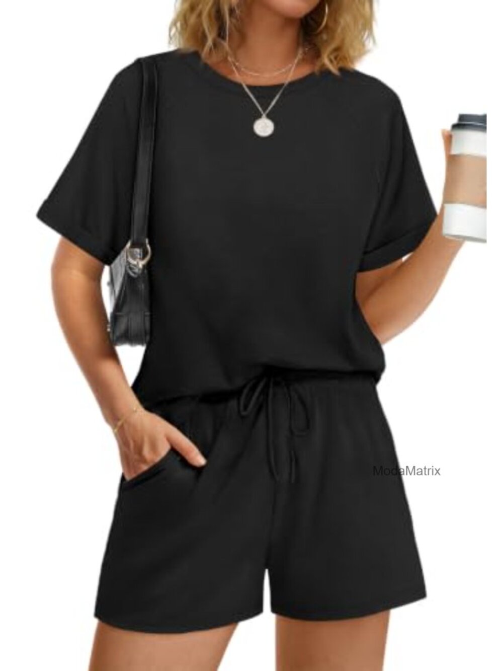 Women's Two Piece Short Set Crew Neck Short Sleeve Drawstring Lounge Outfit